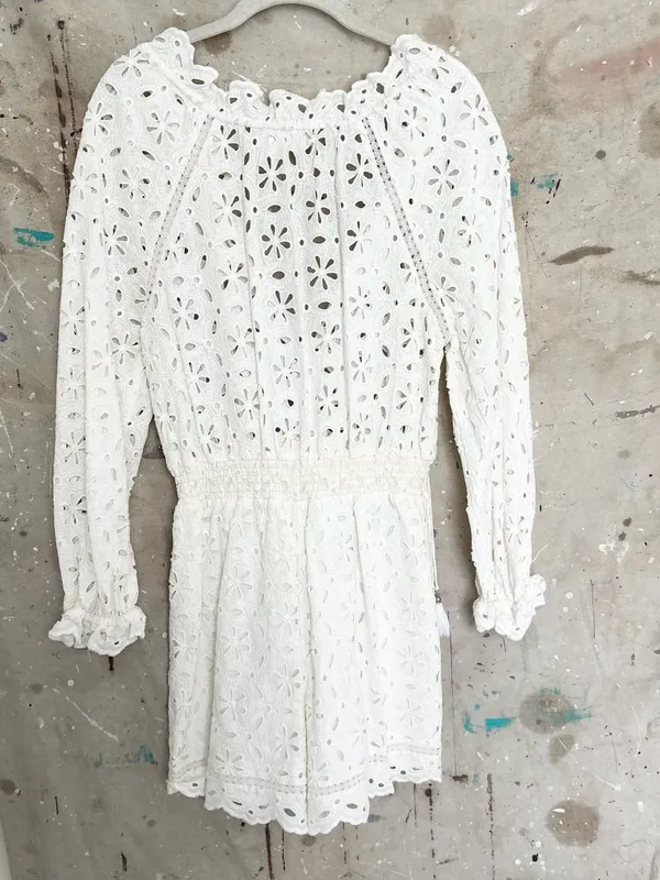 Zimmermann White Eyelet Lace Long Sleeve Romper - Image 5