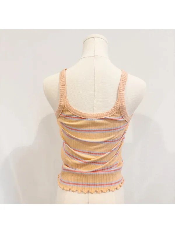 Billabong Tank Top Size Large Apricot Orange Striped‎ Ribbed Lettuce Trim Soft - Image 8