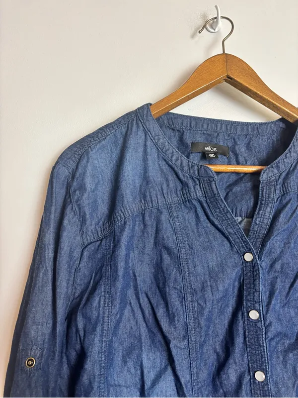 Ellos Plus Size Blue Denim Chambray Button-Front Roll Tab 3/4 Sleeve Tunic Shirt - Image 3