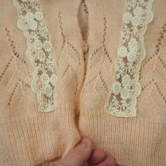 ZARA Peach Pointelle‎ Lace Trim Cropped Cardigan Sweater Delicate Cottagecore - Image 4