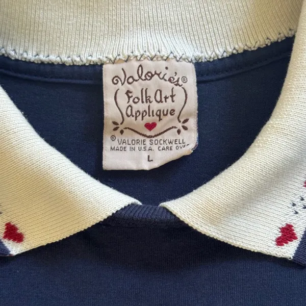 Vintage Valories Folk Art Applique Blue Shirt Angel Rules Hearts L USA 80s 90s - Image 4