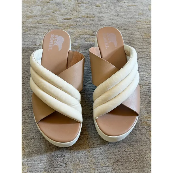Sorel Cameron Wedge Flatform Sandals Womens 8 Tan Cream Slip On - Image 5