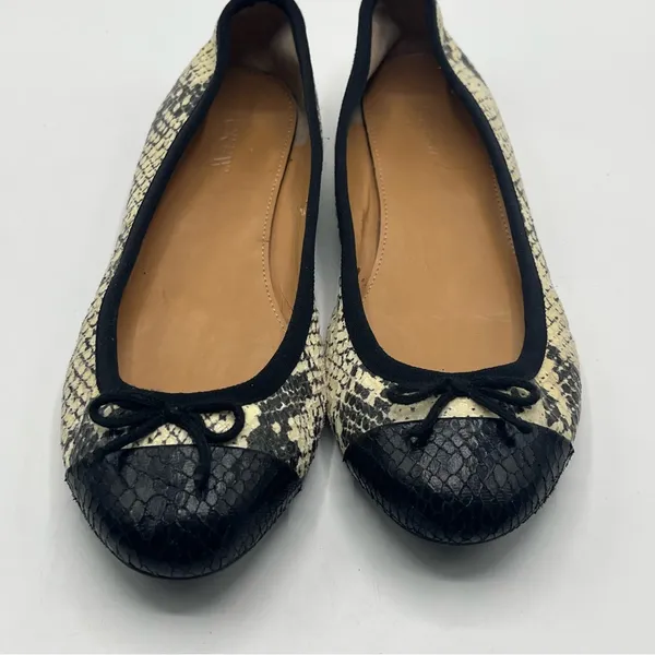 J Crew Factory Sz 7 Ballet Flats Slip On Shoes Snakeskin Print Black Cream - Image 3