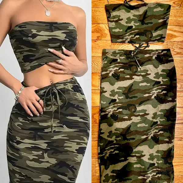 Revamped NWOT Y2K ARMY PRINTED 2 Piece Outfit lace up Tie tube Crop Top& skirt M - Image 3