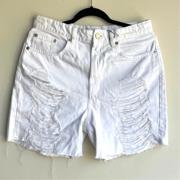 NWT 10 Zara White Distressed Denim Ripped High Rise Shorts Boho Festival Grunge - Image 7
