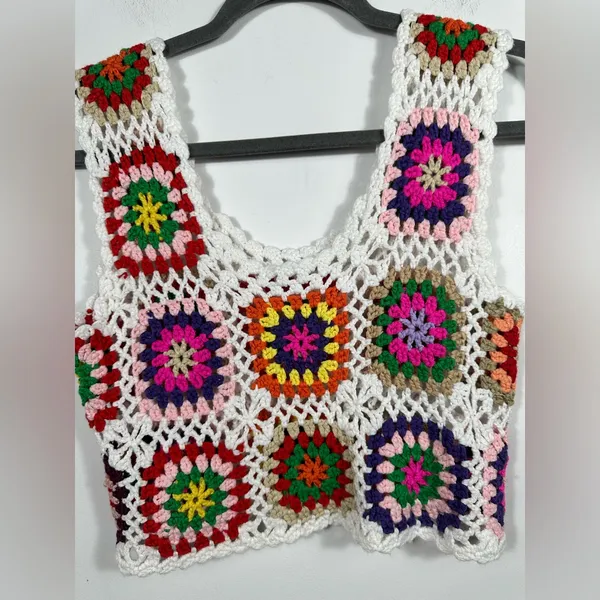 Crochet Granny Square Crop Top Boho Festival Knit Vest Multicolor Size Small‎ - Image 4