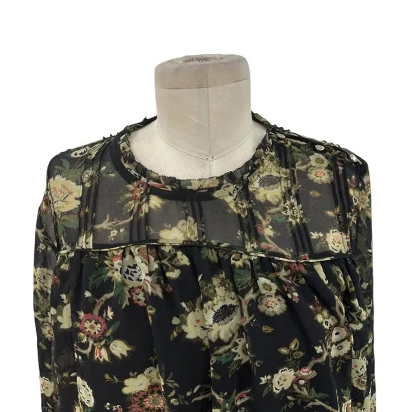 Aritzia Wilfred Long Sleeve Floral Print Chiffon‎ Blouse Black Green Size Medium - Image 4