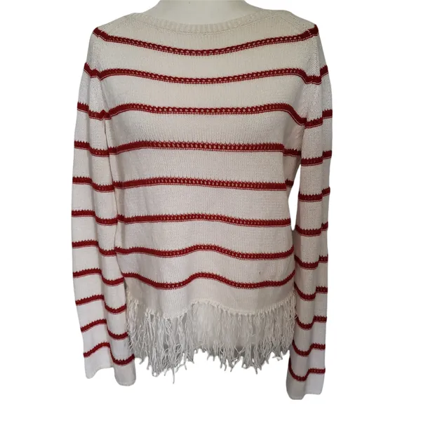 W by Worth Breton Stripe Womens Sweater Sz S Fisherman Nautical Fringe Preppy - Image 3