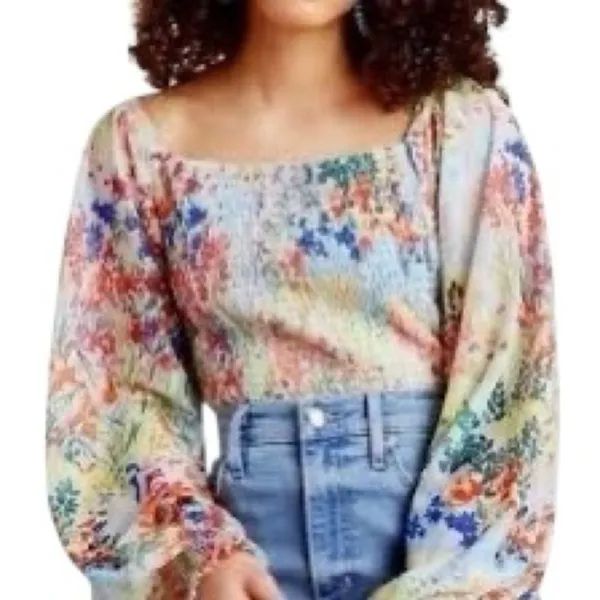 Anthropologie Rouen Floral Smocked Blouse Small Sheer Puff Sleeve Crop Top Boho - Image 9