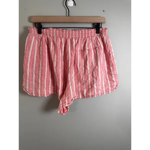 Aerie Pink‎ White Striped Linen Blend Smocked High Waist Shorts Womens Large - Image 3