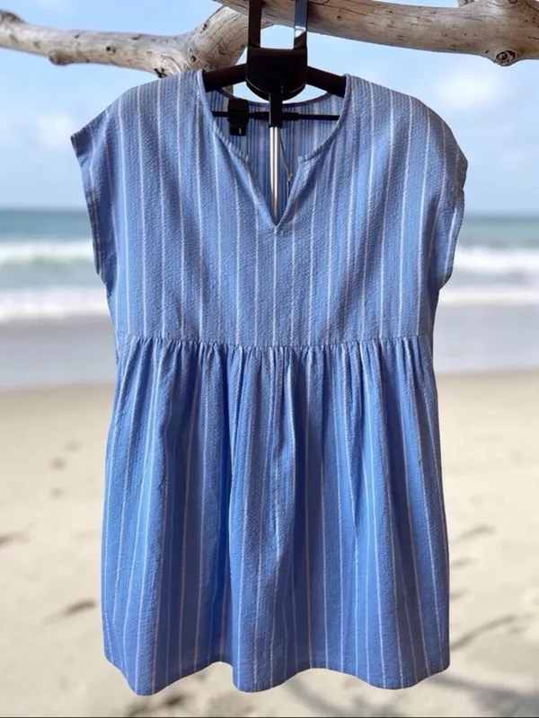 World Market Blue Stripe Seersucker Babydoll Tunic Dress NWT One Size Summer - Image 6