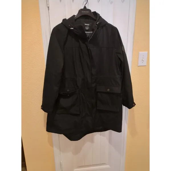 DKNY Womens Water Resistant Black Raincoat Hooded Parka Jacket, Size XXL - Image 6