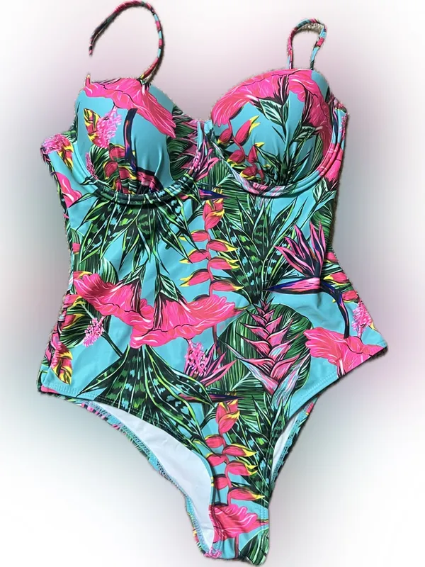 Source Unknown Pink‎ & Aqua Tropical Floral One-Piece Swimsuit - Image 4