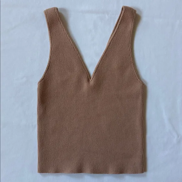 Abercrombie & Fitch Ribbed Knit Crop Tank Top Brown V-Neck Sleeveless Womens Med - Image 3