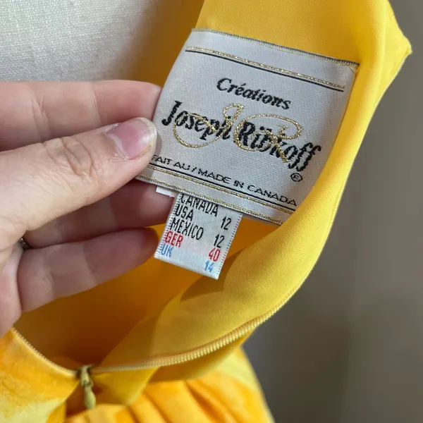 VTG Joseph Ribkoff Yellow Watercolor Midi Dress Sleeveless Art Print 12‎ - Image 8