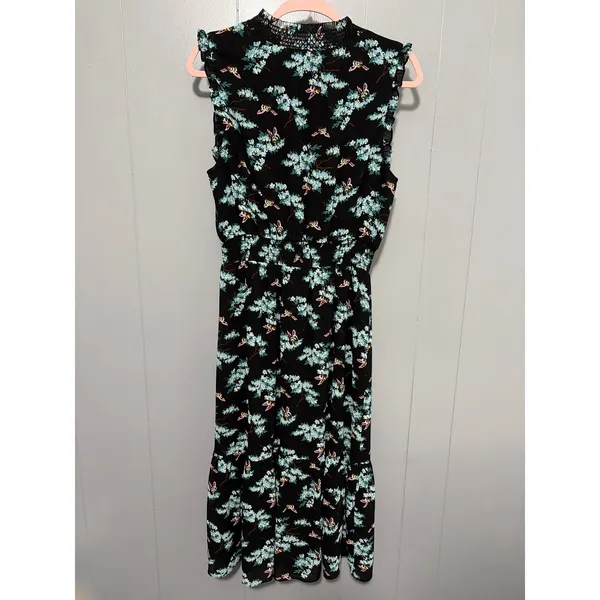 J. Crew Black Botanical Bees Print Smocked Waist Ruffle High Neck Midi Dress M - Image 4