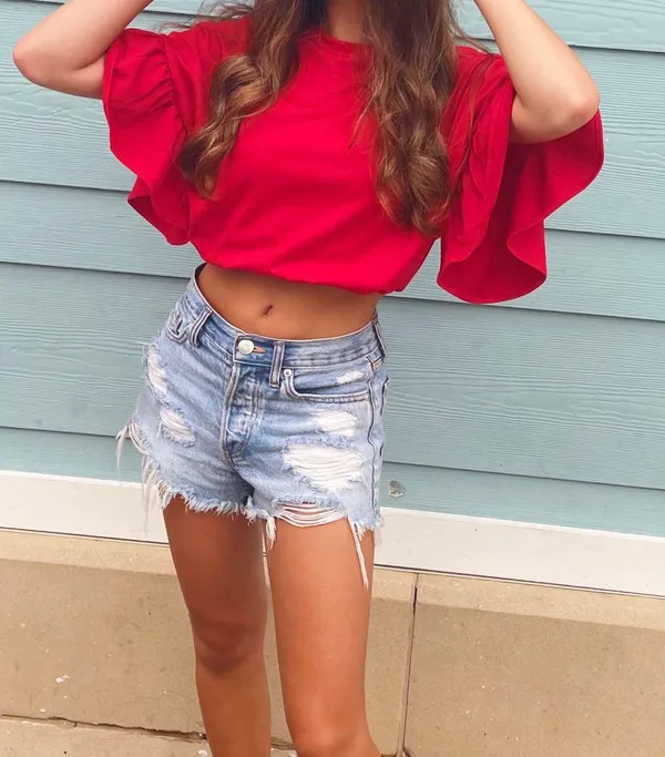 Strut & Bolt Red Ruffle Cropped Shirt - Image 2