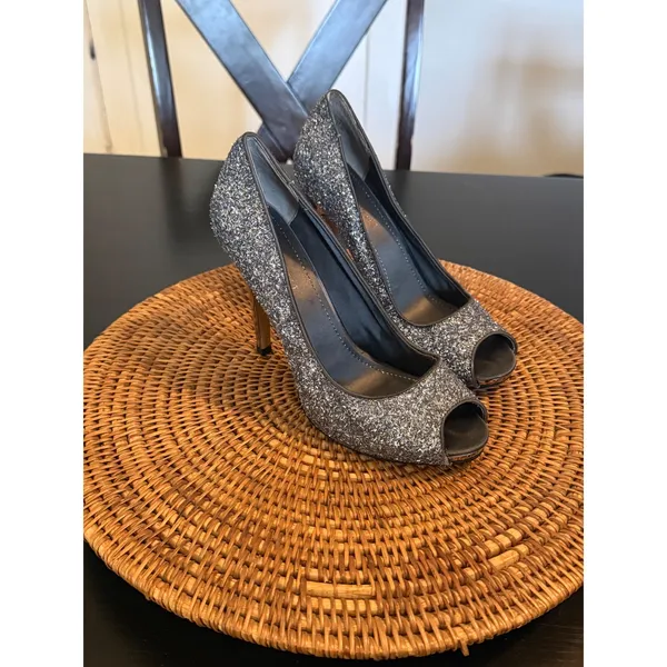 Nine West Silver‎ Glitter Peep Toe Pumps Metallic Stiletto Heels Womens 7.5M - Image 6