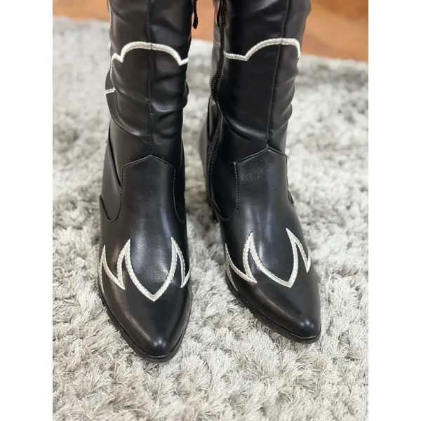 Women's Black & White Cowboy Western Boots Knee High Embroidered Block Size 6 - Image 10