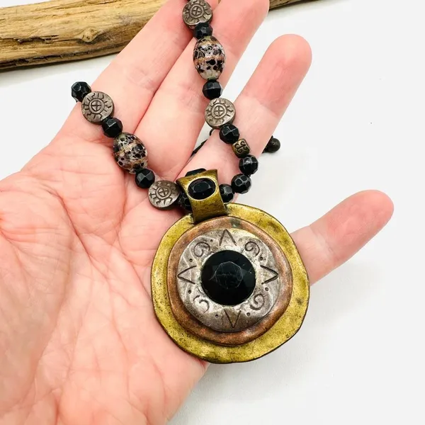 Vintage Chico's Boho Statement Pendant Necklace, Mixed Metal Necklace - Image 4