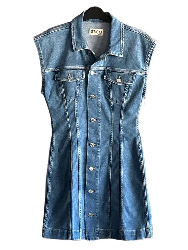 Etica Gabriela Denim Dress M Coquette Aesthetic Sustainable Jean Mini Button Up - Image 2