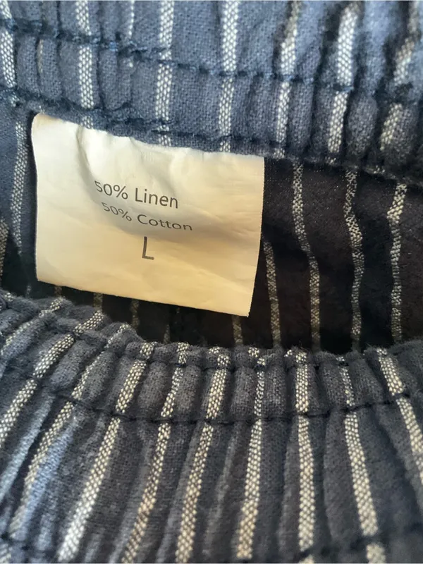 Women’s Blue & White Striped Linen Blend Wide Leg Pants Drawstring Lounge Size L - Image 6