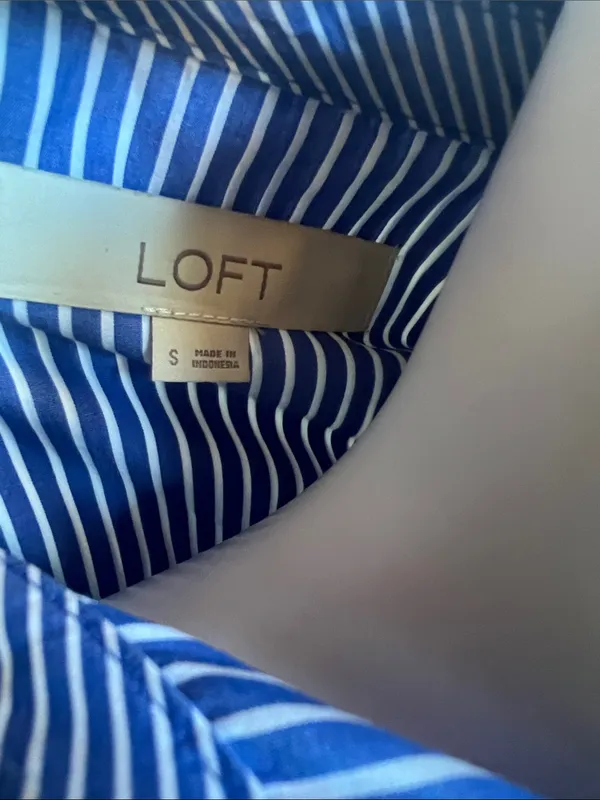 LOFT Blue & White Vertical Stripe Button-Down Shirt trumpet sleeve - Image 2