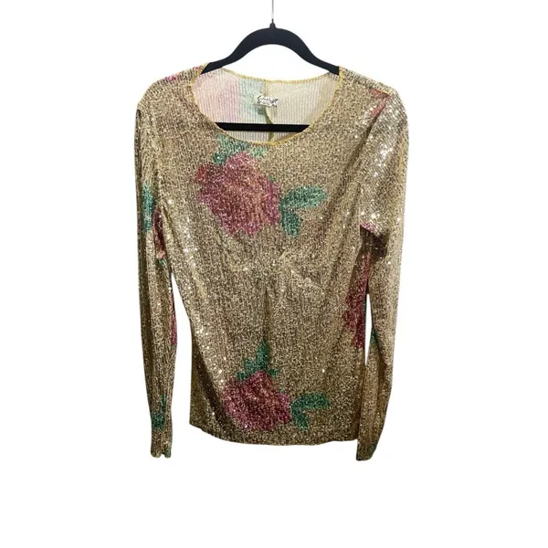 Free‎ People XL Floral Gold Sequin Long Sleeved Top NWOT - Image 2