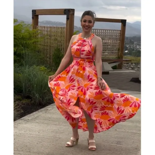 NWT Abel The Label Charlie in Pink Orange Floral Open Tie Back Midi Dress L - Image 8