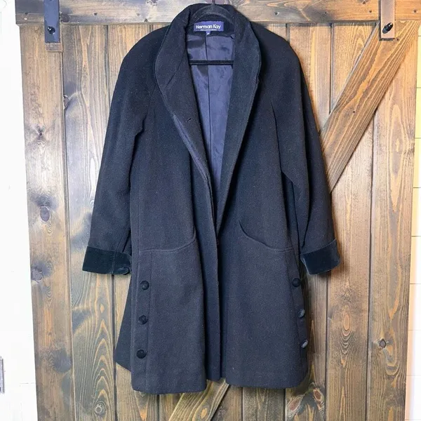 Vintage Herman Kay 100% WOOL Coat‎ Lined Jacket Pea Coat Black Size 14 - Image 2