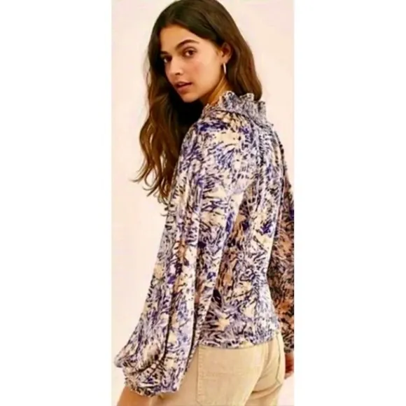 FREE PEOPLE Smocked Crushed Velvet Top Blouse Go Get 'Em Tiger Animal Small - Image 8