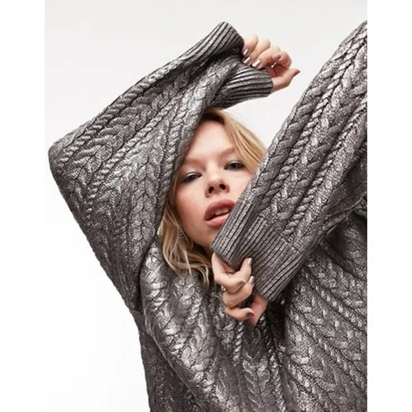 Topshop Premium Womens S Metallic Gray Chunky Knit Oversized Sweater Pullover - Image 2