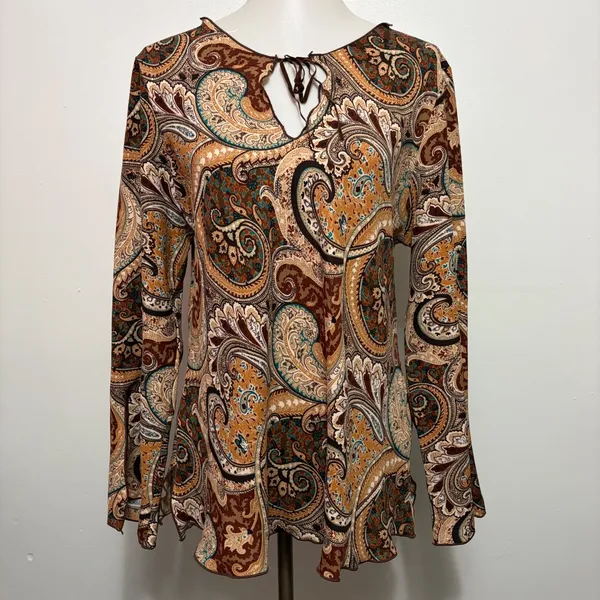 Giorgio Fiorlini Collection Tunic XL Brown Paisley Keyhole Lettuce Edge Boho - Image 2