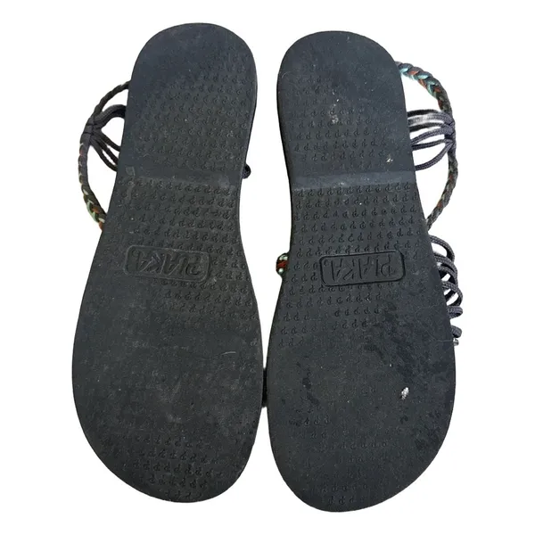 Plaka Palm Leaf Flat Sandals Womens 8 Braided Strappy Turquoise Grey Toe‎ Loop Blue - Image 5