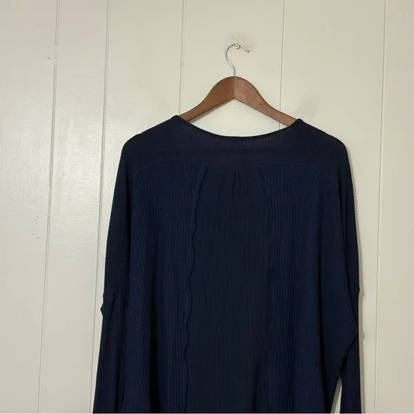 Free People Leo Henley Long Sleeve Top Blue Waffle Knit Oversized Boho Size S - Image 11