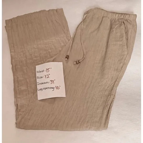 Zara Wrinkle Effect Wide Leg Pants Women's Large Beige Drawstring Pull-On Casual - Image 3