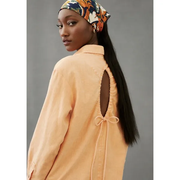 Anthropologie Pilcro Orange Long Sleeve Button Down Shirt Dress Cutout Back Womens Size Med - Image 3