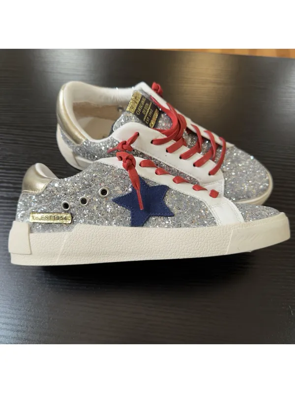 Size 6.5 Women’s Vintage Havana Silver Glitter Gray Star Red Laces Sneakers - Image 12