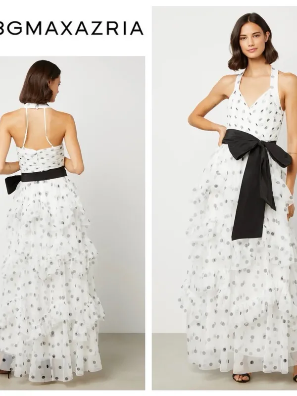 BCBG MAXAZRIA DRESS Maxi Formal LONG GOWN WHITE BLACK POLKA DOT 4 S Ruffle - Image 2