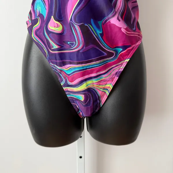 Purple L Marble One Piece‎ Swimsuit Cutout High Leg Monokini Rave Beach Coastal - Image 3