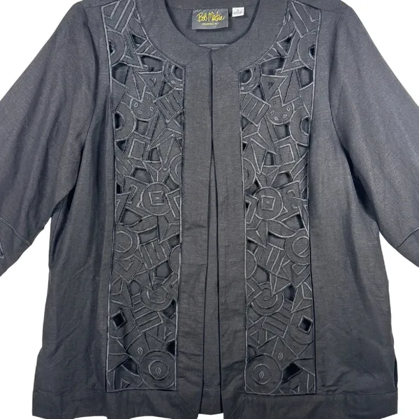 Bob Mackie Wearable Art Jacket Open Front‎ Geometric Cutout Black Small Linen - Image 6