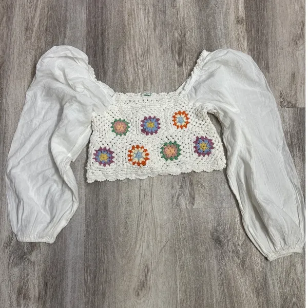 Aerie Crochet Granny Square Balloon Sleeve‎ Boho Crop Top White Size Small - Image 2