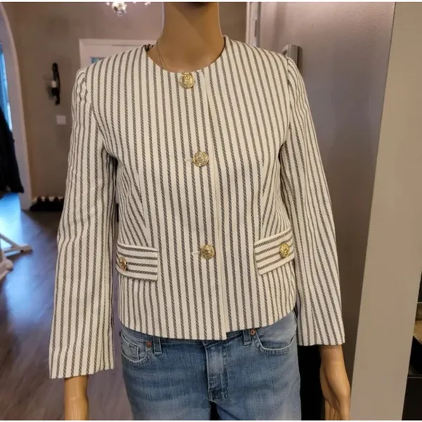 NWOT Zara Navy Striped 3/4 Sleeve Cropped Blazer Jacket Size Large 2504 - Image 3