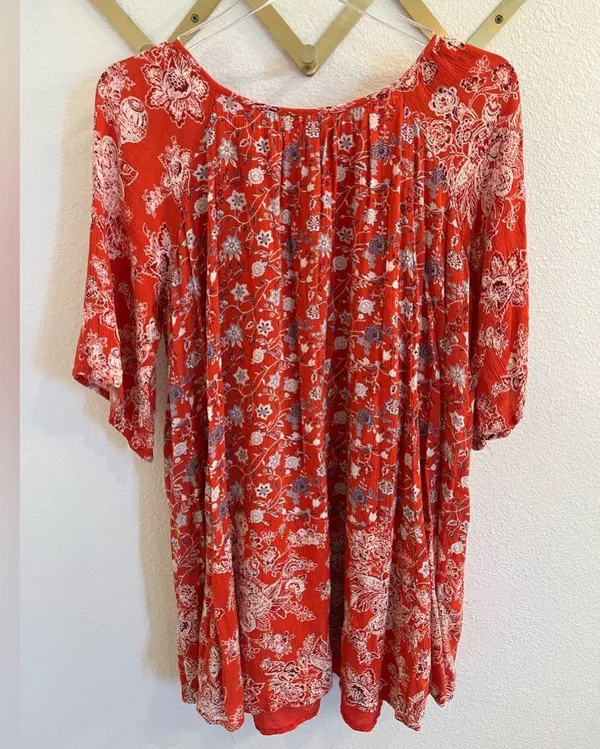 Free People Red Floral Bell Sleeve Mini Dress Medium - Image 6