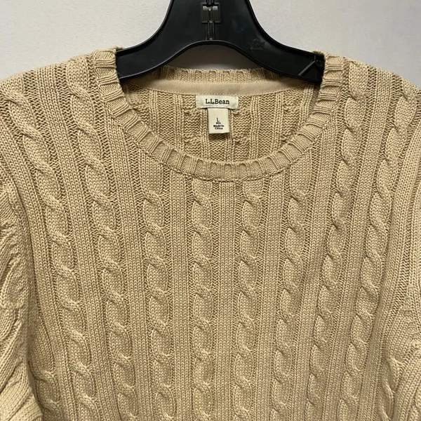 L.L. Bean Tan Cable Knit Sweater Crew Neck Long Sleeve Pullover Size L Fisherman - Image 4