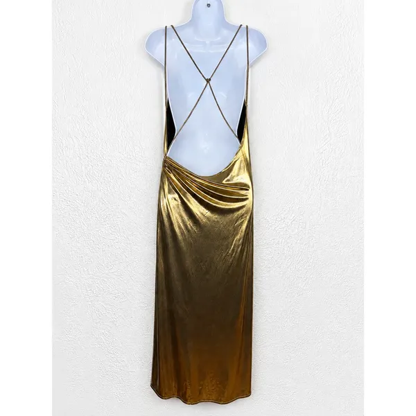 BA&SH Collection Metallic Gold Ruched Draped Backless Midi Dress Sz 1 Small NWT - Image 3