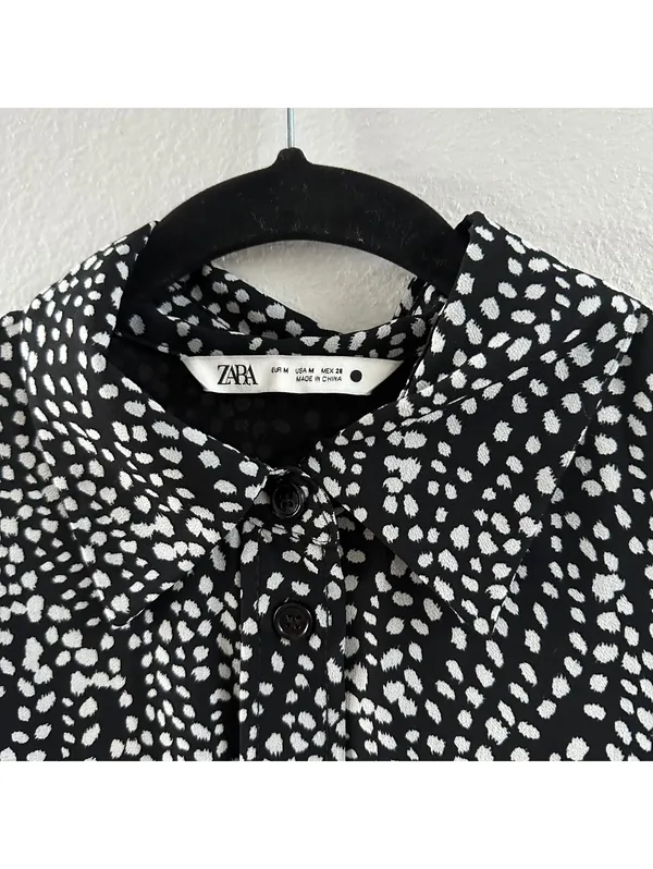 ZARA Woman Black/White Semi-sheer Printed Short Shirt Dress - Image 5
