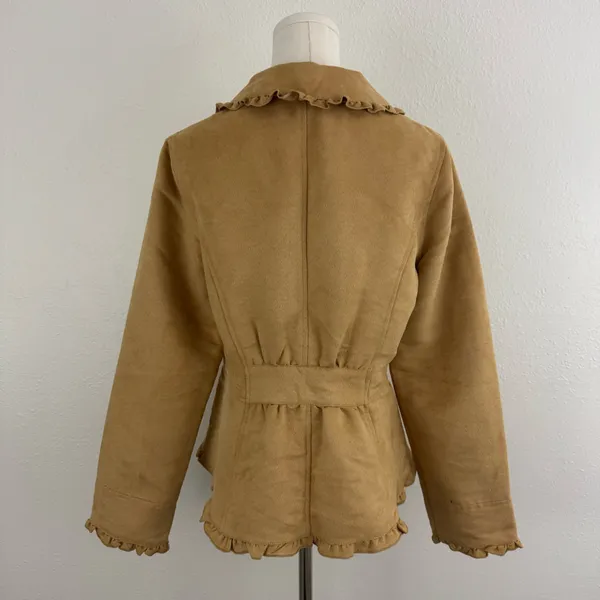 FADED GLORY Y2K Tan Blonde Faux Suede V Neck Ruffle Trim Button Up Blazer Jacket - Image 5