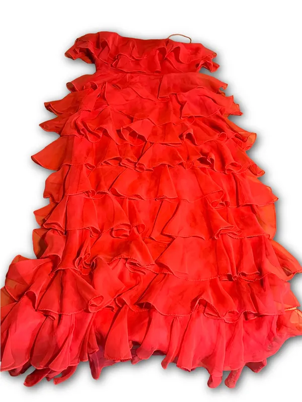 Vintage 1970'S Red Chiffon Tiered Ruffle Miss Elliette California Maxi Dress (S) - Image 10