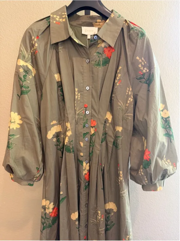 Entro Women’s Floral Print Cotton Button Front Midi Dress in Olive Green Size S - Image 3